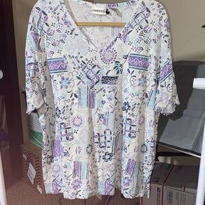 Fashion Bug Women's Short Sleeve Top - Purple and Cream